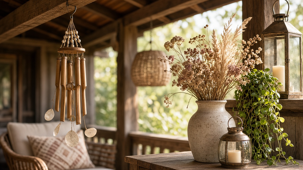 Porch accents: wind chimes, ceramic vase, lanterns