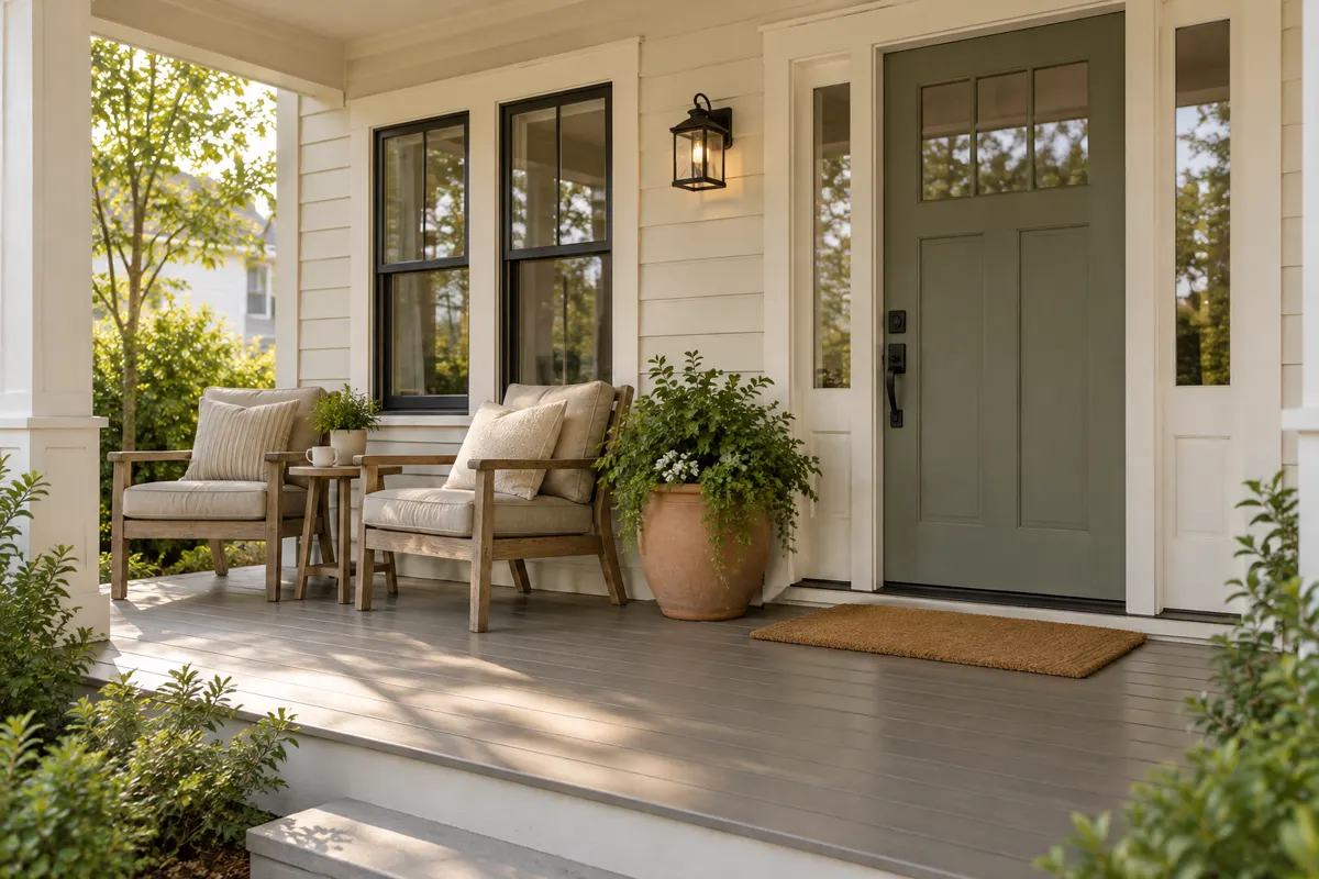 Covered front porch with a sage green door, two wood chairs, neutral cushions, a small table, and a terracotta planter beside a clear entrance.