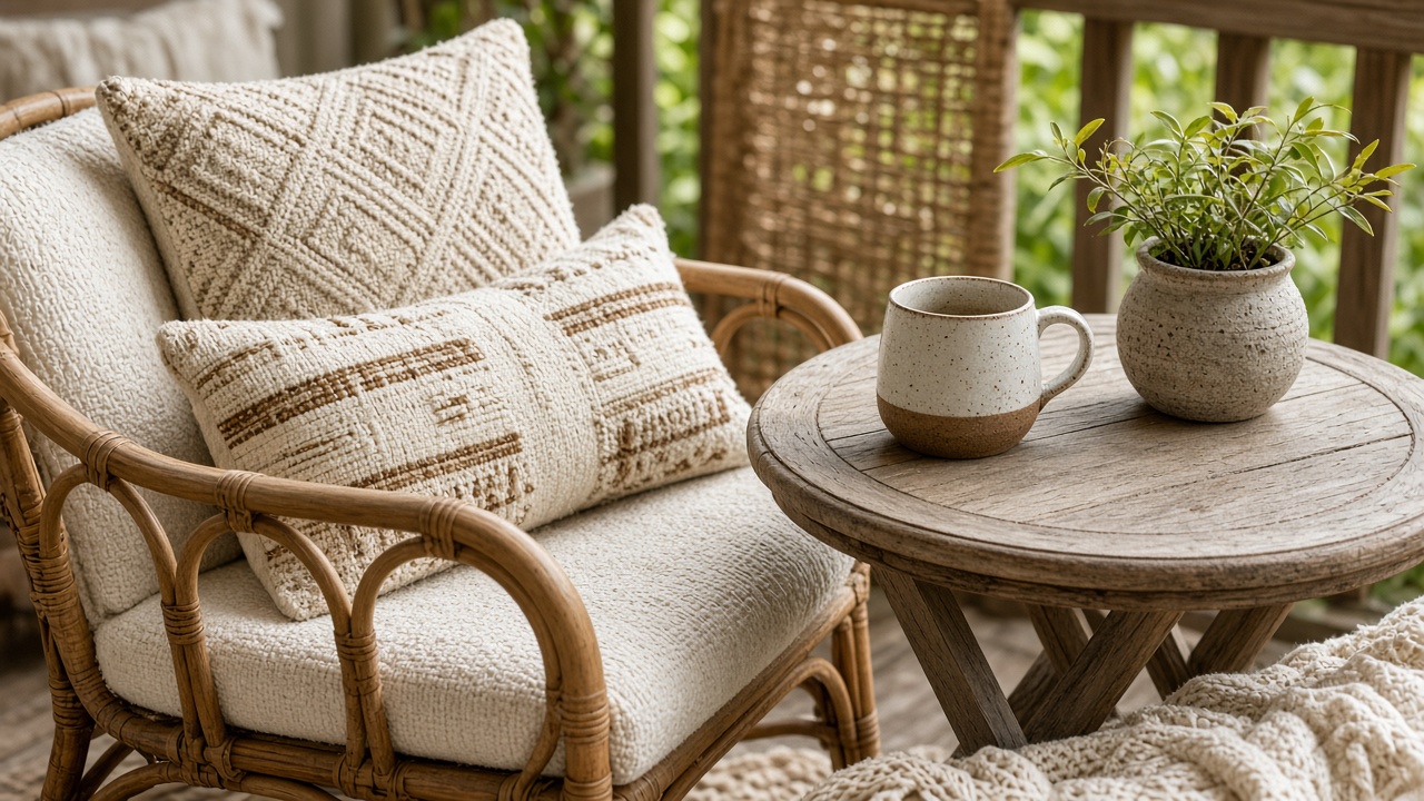 Boho chair and table close-up with pillows and plant
