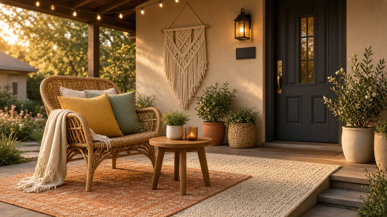 Boho porch hero: rattan chair, side table, layered rugs at golden hour